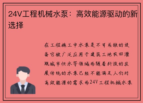 24V工程机械水泵：高效能源驱动的新选择